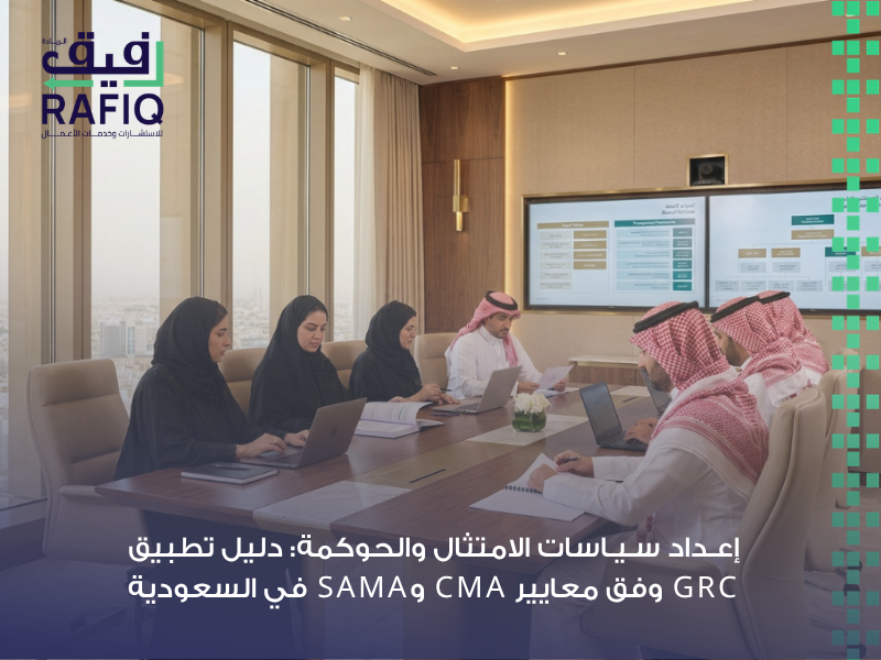 إعداد سياسات الامتثال والحوكمة: دليل تطبيق GRC وفق معايير CMA وSAMA في السعودية تشهد البيئة التنظيمية والمالية في المملكة العربية السعودية طفرة تشريعية غير مسبوقة تهدف إلى تعزيز الشفافية، وحماية حقوق المستثمرين، وتحصين الكيانات الاقتصادية ضد المخاطر التشغيلية والمالية. في ظل هذا المشهد المعقد، لم يعد الالتزام بالأنظمة مجرد إجراء قانوني تكميلي، بل تحول إلى ركيزة استراتيجية تضمن بقاء المنشآت وتنافسيتها. من هنا، يبرز إعداد سياسات الامتثال والحوكمة كأولوية قصوى لمجالس الإدارة والإدارات التنفيذية في الشركات المساهمة، والمؤسسات المالية، والشركات الطموحة التي تسعى لتبني نموذج الحوكمة وإدارة المخاطر والالتزام لضبط بيئتها الداخلية. إن التداخل التشريعي بين متطلبات الجهات الرقابية يفرض على المنشآت بناء إطار عمل مرن ومتكامل يبتعد عن العشوائية. يتطلب هذا الأمر دمج المتطلبات الصادرة عن هيئة السوق المالية والبنك المركزي السعودي في بنية تنظيمية واحدة تضمن الامتثال المطلق دون إحداث ازدواجية في الممارسات الإدارية. في هذا الدليل الفني الشامل، نستعرض المنهجية العلمية والتشريعية التي يعتمدها خبراء رفيق الريادة في تقديم هذه الخدمات الاستشارية المتقدمة لتمكين منشأتك من ريادة قطاع الأعمال بكل ثقة وأمان نظامي. المفهوم الفني لمنظومة الحوكمة وإدارة المخاطر والالتزام وأهميتها تُعرف المنظومة المتكاملة للحوكمة وإدارة المخاطر والالتزام بأنها إطار عمل استراتيجي يهدف إلى توجيه المنشأة نحو تحقيق أهدافها بأسلوب يتسم بالنزاهة والمسؤولية، مع السيطرة الكاملة على التهديدات المحتملة، والامتثال التام للأنظمة والقوانين. إن إعداد سياسات الامتثال والحوكمة يمثل البنية التحتية لتفعيل هذا الإطار، حيث يحول النصوص التشريعية إلى مسارات عمل تنفيذية يومية. تتجاوز أهمية تقديم خدمات الحوكمة وإدارة المخاطر والالتزام في السعودية مجرد تجنب العقوبات، لتشمل مكاسب جوهرية ملموسة: توحيد الرقابة المؤسسية: القضاء على جزر العمل المنعزلة داخل المنشأة عبر ربط إدارة الالتزام بإدارة المخاطر والتدقيق الداخلي تحت مظلة حوكمة واحدة. الاستباقية في مواجهة التهديدات: تمكين مجلس الإدارة من رصد المخاطر السيبرانية، والمالية، والتشغيلية قبل تحولها إلى أزمات نظامية تؤثر على السمعة المؤسسية. كسب الثقة الائتمانية والسوقية: تعزيز تصنيف المنشأة أمام المستثمرين الأجانب والمحليين والجهات التمويلية التي تبحث عن بيئات عمل محوكمة بصرامة. لذلك، فإن إعداد سياسات الامتثال والحوكمة يعد الخطوة المفصلية للانتقال بالشركات من وضع الدفاع والامتثال التقليدي اللاحق، إلى وضع التحكم والالتزام الاستباقي الذي يدعم جودة وسرعة صناعة القرار الاستثماري. متطلبات هيئة السوق المالية لضبط أداء الشركات المساهمة وضعت هيئة السوق المالية السعودية قواعد صارمة لضبط أعمال الشركات المدرجة والمساهمة لضمان عدالة التعاملات وحماية حقوق الأقلية من المساهمين. إن دمج هذه القواعد يمثل ركيزة أساسية عند إعداد سياسات الامتثال والحوكمة، حيث يتوجب على المستشار الفني صياغة اللوائح الداخلية بما يتطابق تماماً مع نظام حوكمة الشركات الصادر عن الهيئة. وتتمثل المتطلبات التشريعية الأبرز التي تفرضها الهيئة في المحاور التالية: حوكمة الشركات وفق معايير هيئة السوق المالية: إلزامية تشكيل اللجان المستقلة المنبثقة عن مجلس الإدارة، وتحديداً لجان المراجعة، والترشيحات، والمكافآت، مع وضع مواثيق عمل تفصيلية تحدد صلاحيات ومسؤوليات كل لجنة. سياسات الإفصاح الفوري والشفافية: بناء منظومة إجرائية تضمن نشر القوائم المالية، والتقارير السنوية، والأحداث الجوهرية المؤثرة على سعر السهم في المواعيد النظامية المحددة وبنزاهة تامة للعامة. قواعد التعامل مع الأطراف ذات العلاقة: وضع ضوابط صارمة وسياسات واضحة تمنع تضارب المصالح، وتفرض الحصول على موافقات مسبقة من الجمعية العامة لأي عقود تبرم لصالح أعضاء مجلس الإدارة أو كبار التنفيذيين. إن إغفال أي من هذه الجوانب أثناء صياغة الأدلة التنظيمية يعرض الشركة لمخاطر إلغاء الإدراج أو الغرامات المالية الجسيمة؛ لذا يحرص خبراء رفيق الريادة على فحص ومواءمة القواعد السلوكية والرقابية بدقة متناهية لضمان الامتثال المطلق لمتطلبات الهيئة. معايير البنك المركزي السعودي للمؤسسات المالية والتمويلية يفرض البنك المركزي السعودي معايير رقابية تعد الأكثر صرامة في المنطقة، نظراً لحساسية القطاع المصرفي والتميلي وقطاع التأمين وارتباطه المباشر بالاستقرار المالي للمملكة. عند قيام المنشآت العاملة في هذه القطاعات بـ إعداد سياسات الامتثال والحوكمة، يجب أن تؤخذ هذه الأدلة الرقابية كمرجع إلزامي لا يقبل التهاون. يركز إطار حوكمة الشركات وفق معايير البنك المركزي السعودي على ركائز فنية متقدمة تشمل: كفاية رأس المال وإدارة السيولة: وضع سياسات صارمة لاختبارات الجهد والملاءة المالية لضمان قدرة المنشأة على مواجهة التقلبات السوقية المفاجئة. إطار الالتزام ومكافحة غسل الأموال: إقرار أدلة إجراءات تضمن التحقق من الهويات، ومراقبة التعاملات المشبوهة، والالتزام بالتعليمات الصادرة عن اللجنة الدائمة لمكافحة غسل الأموال. حوكمة المخاطر والائتمان: تحديد شهية المخاطر الخاصة بالمنشأة وتسييج صلاحيات منح الائتمان والتمويل، مع الفصل التام بين إدارة المخاطر والإدارات التشغيلية المانحة للتمويل. إن تطبيق هذه المعايير المعقدة يستدعي الاعتماد على استشارات متقدمة في حوكمة وإدارة المخاطر والالتزام، لضمان بناء أنظمة دفاعية داخلية تحمي المنشأة وتلبي تطلعات المفتشين والمراجعين التابعين للبنك المركزي خلال جولات التدقيق الدوري. التكامل المنهجي لمنظومة الحوكمة وإدارة المخاطر والالتزام في الشركات التحدي الأكبر الذي يواجه الشركات الكبرى هو نشوء "جزر رقابية منعزلة"، حيث تعمل إدارة الالتزام بمعزل عن إدارة المخاطر، وتعمل إدارة الحوكمة في مسار منفصل تماماً. إن القيمة الحقيقية لـ إعداد سياسات الامتثال والحوكمة تكمن في توحيد هذه المسارات تحت مظلة متكاملة تضمن كفاءة الإنفاق الرقابي وتقليل التكرار الإجرائي. ولتوضيح كيف يسهم هذا التكامل الفني في رفع كفاءة الأداء المؤسسي والمواءمة بين متطلبات الجهات التشريعية المختلفة، يلخص الجدول التالي المقارنة المعيارية الشاملة بين المتطلبات الرقابية: جدول مقارنة تكامل متطلبات الامتثال والحوكمة في السوق السعودي المحور التنظيمي والفني متطلبات هيئة السوق المالية السعودية متطلبات البنك المركزي السعودي منهجية رفيق الريادة للتكامل والدمج التركيز الأساسي للرقابة حماية حقوق المساهمين وعدالة التداول والشفافية الاستقرار المالي وحماية المودعين والمستفيدين صياغة أدلة مرنة تحمي حقوق الملاك والعملاء معاً إدارة المخاطر المستهدفة مخاطر السوق، الإفصاح، وتضارب المصالح مخاطر الائتمان، السيولة، والمخاطر التشغيلية والسيبرانية بناء مصفوفة مخاطر موحدة تشمل كافة الأبعاد لجان مجلس الإدارة لجان المراجعة، الترشيحات والمكافآت إلزامية لجان إدارة المخاطر والالتزام متطلبات رئيسية ومستقلة دمج وتحديد صلاحيات اللجان لمنع الازدواجية التنظيمية آليات التدقيق والالتزام تقارير دورية ترفع لمجلس الإدارة والجمعية العامة تدقيق استباقي صارم وتقارير لحظية للبنك المركزي أتمتة التقارير والربط الرقمي لضمان سرعة الامتثال يوضح الجدول السابق أن هندسة الحوكمة الذكية لا تعني تطبيق كل نظام بشكل منفصل، بل دمج القواسم المشتركة في إطار عمل موحد يسهل مراقبته وتقييمه، وهو ما يركز عليه خبراء رفيق الريادة عند تقديم خدمات الحوكمة وإدارة المخاطر والالتزام في السعودية. خطوات ومراحل إعداد سياسات الامتثال والحوكمة من الألف إلى الياء إن بناء إطار عمل يجمع بين الحوكمة والامتثال وإدارة المخاطر ليس عملية كتابية عشوائية، بل يمر بمراحل فنية وتشخيصية صارمة يلتزم بها مستشارو رفيق الريادة لضمان خروج وثائق وسياسات حية وقابلة للتطبيق: المرحلة الأولى: تشخيص الفجوات وتحليل البيئة التشريعية تبدأ عملية إعداد سياسات الامتثال والحوكمة بدراسة الوضع الراهن للمنشأة، ومراجعة هيكلها التنظيمي، ورصد مدى توافقها الحالي مع لوائح هيئة السوق المالية والبنك المركزي السعودي. تهدف هذه المرحلة إلى تحديد نقاط الضعف والفجوات النظامية التي قد تعوق مسيرة الامتثال. المرحلة الثانية: بناء مصفوفة تقييم المخاطر وتحديد الشهية في هذه الخطوة، يتم حصر وتصنيف كافة المخاطر التي قد تواجه المنشأة (مالية، تشغيلية، قانونية، تقنية)، وتحديد مستوى "شهية المخاطر" المقبول من قبل مجلس الإدارة، وصياغة خطط الاستجابة السريعة للتعامل مع التهديدات بشكل استباقي. المرحلة الثالثة: صياغة الأدلة والسياسات والمواثيق التنظيمية تنتقل العملية هنا إلى الصياغة الفنية الدقيقة باللغة العربية الفصحى الرصينة. يتم إعداد أدلة سياسات الامتثال، ولوائح اللجان، ومواثيق الأخلاقيات المهنية، ومصفوفات الصلاحيات الإدارية والمالية، بما يضمن الفصل الصارم بين السلطات ومنع حالات تضارب المصالح. المرحلة الرابعة: المواءمة الرقمية وأتمتة إجراءات الامتثال نحن نؤمن بأن السياسات الورقية لا تحمي الشركات؛ لذا نعمل في رفيق الريادة على تحويل هذه البنود والسياسات إلى مسارات عمل رقمية مؤتمتة داخل الأنظمة التقنية للمنشأة، مما يضمن الالتزام التلقائي بالصلاحيات ويمنع أي تجاوزات بشرية بشكل لحظي. المرحلة الخامسة: التفعيل، والتدريب المستمر، وبناء ثقافة الالتزام لا تنتهي المهمة عند تسليم الأدلة؛ بل يمتد العمل إلى عقد ورش عمل تدريبية مكثفة لأعضاء مجلس الإدارة، والمديرين التنفيذيين، وفرق العمل لضمان استيعاب السياسات الجديدة، وتحويل الامتثال من مجرد واجب قانوني إلى ثقافة مؤسسية راسخة وجزء من الهوية اليومية للمنشأة. دور رفيق الريادة كشريك استراتيجي في حوكمة وإدارة الالتزام تتميز رفيق الريادة بتقديم مفهوم عصري ومبتكر يتجاوز الأساليب التقليدية الجاهزة في تقديم الحلول الاستشارية. نحن ندرك أن الشركات الكبرى والمؤسسات المالية تحتاج إلى حلول هندسية مخصصة تدمج بين القوانين المحلية والمعايير العالمية، لتصبح الحوكمة محركاً حقيقياً للنمو والاستقرار. تتضمن القيمة المضافة التي نقدمها عند طلب خدماتنا في إعداد سياسات الامتثال والحوكمة ما يلي: التخصيص المطلق والمتكامل: لا نعتمد على القوالب المعلبة؛ كل سياسة وكل لائحة يتم صياغتها وهندستها لتطابق حجم منشأتك، ونطاق عملياتك، والجهات الرقابية الخاضع لها نشاطك التجاري. الربط التشريعي المزدوج: نضمن توافق أنظمتك الداخلية مع معايير هيئة السوق المالية ومعايير البنك المركزي السعودي في آن واحد، مما يحميك من فخ التناقض الإجرائي بين اللوائح. التحول نحو الاستدامة والموثوقية: نساعدك على بناء بيئة عمل شفافة ترفع من قيمتك السوقية وتؤهل منشأتك للدخول في شراكات استراتيجية كبرى أو طروحات مالية ناجحة في الأسواق المالية. إن اختيارك لرفيق الريادة كشريك في رحلتك التنظيمية يعني استثماراً في بناء جدار حماية حديد أصولك ومواردك، يعزز من كفاءة الإنفاق التشغيلي ويمنح مجلس الإدارة السيطرة الكاملة والرؤية الواضحة لإدارة المستقبل بثقة تامة. الأسئلة الشائعة حول سياسات الامتثال وأطر الرقابة المؤسسية س: ما الفرق بين إدارة الامتثال وإدارة التدقيق الداخلي في منظومة الحوكمة؟ ج: إدارة الامتثال هي إدارة استباقية وتوجيهية تركز على التأكد من أن السياسات والإجراءات الحالية والمستقبلية للمنشأة تتوافق مع القوانين واللوائح الصادرة عن الجهات الحكومية قبل التنفيذ، أما إدارة التدقيق الداخلي فهي إدارة رقابية لاحقة تقوم بفحص وتقييم مدى الالتزام الفعلي بتلك السياسات ورصد الأخطاء والتجاوزات بعد حدوثها لتقديم تقارير تصحيحية لمجلس الإدارة. س: هل تحتاج الشركات غير المدرجة والمؤسسات المتوسطة إلى إعداد سياسات الامتثال والحوكمة؟ ج: نعم وبشدة؛ على الرغم من أن اللوائح الصارمة لهيئة السوق المالية قد تكون إلزامية للشركات المدرجة فقط، إلا أن الشركات المتوسطة والمغلقة تحتاج إلى تبني هذه السياسات لبناء أساس مؤسسي قوي يمنع العشوائية الإدارية، ويحمي حقوق الشركاء، ويرفع من الجاهزية الائتمانية للمنشأة أمام البنوك والمستثمرين لغرض التوسع أو التأهيل للطرح المستقبلي. س: كيف تسهم حلول الحوكمة وإدارة المخاطر والالتزام في حماية المنشأة من الهجمات والمخاطر السيبرانية؟ ج: يتم ذلك من خلال دمج سياسات أمن المعلومات وحوكمة البيانات ضمن مصفوفة المخاطر العامة للمنشأة، حيث يفرض النظام سياسات صارمة للوصول إلى البيانات، وتحديد الصلاحيات التقنية، ووضع خطط استباقية للتعافي من الأزمات التقنية، مما يضمن توافق الشركة مع المتطلبات السيبرانية الوطنية الصادرة عن الهيئة الوطنية للأمن السيبراني والبنك المركزي. س: ما هي المدة الزمنية المستغرقة لبناء إطار امتثال وحوكمة متكامل لشركة تمويلية أو مساهمة؟ ج: تختلف المدة الزمنية باختلاف حجم عمليات المنشأة، وتعدد فروعها، وتداخل أنشطتها الاستثمارية. في المتوسط، تستغرق مراحل التشخيص، وتحليل المخاطر، وصياغة السياسات والمواثيق، والمواءمة التشريعية ما بين ثمانية إلى اثني عشر أسبوعاً لضمان خروج نظام رقابي شامل، دقيق وقابل للتطبيق الفعلي والربط التقني. حصن منشأتك وحقق الامتثال المطلق مع رفيق الريادة إن إدارة المؤسسات المالية والشركات المساهمة بناءً على خطط قصيرة الأجل أو دون وجود إطار عمل صارم يحكم الامتثال ويدير المخاطر، هو مخاطرة كبرى قد تكلف المنشأة سمعتها وأصولها المالية في سوق واعد ومفتوح كالسوق السعودي. إن إعداد سياسات الامتثال والحوكمة بطريقة احترافية وعميقة هو الاستثمار الحقيقي الذي يضمن لمنشأتك البقاء في منطقة الأمان النظامي، متفادية الغرامات والعقوبات القانونية التي قد تعيق وتيرة النمو. لا تنتظر حدوث الثغرات الرقابية أو جولات التفتيش المفاجئة لتبدأ في تنظيم وتصحيح مساراتك الإدارية. تواصل مع خبراء رفيق الريادة اليوم، ودعنا نضع لك خارطة طريق واضحة ومتكاملة لتطبيق أرقى معايير الحوكمة وإدارة المخاطر والالتزام بما يتوافق تماماً مع تطلعات هيئة السوق المالية والبنك المركزي السعودي، ويقود منشأتك نحو مستقبل مستدام قائم على الثقة والريادة المؤسسية الشاملة